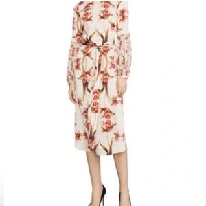 BCBG MaxAzria Tulip Midi Dress Silky Crepe Long Illusion Sleeve Round Hem S